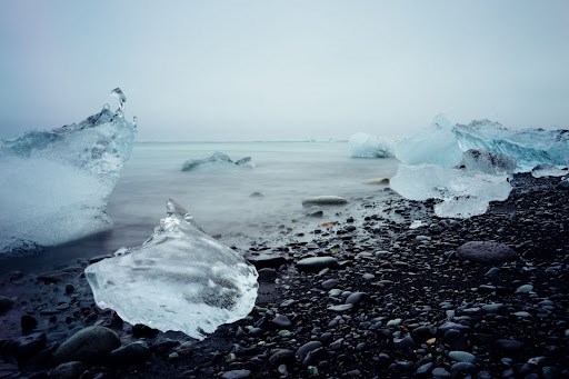 Chunks of ice on the black sands of the diamond beach, Iceland
