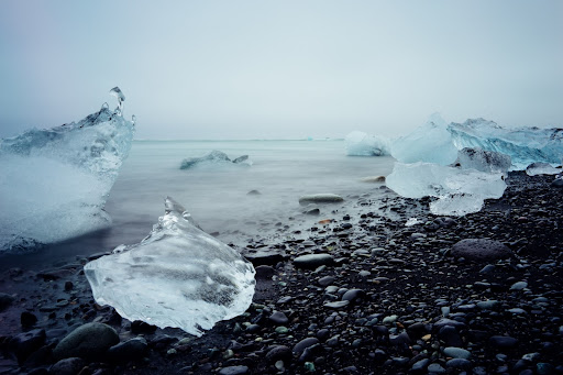 Ice chunks on the black sand of the Jökulsárlón Glacier Lagoon