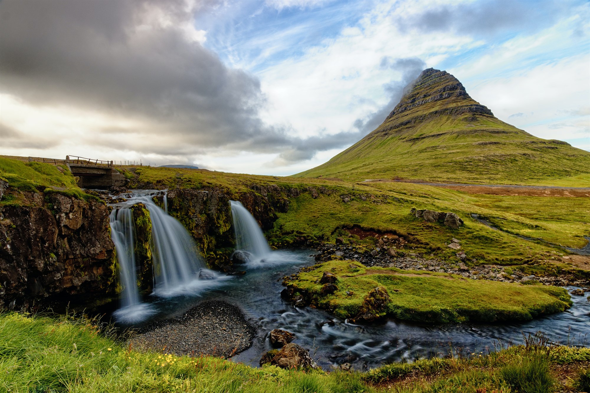 Kirkjufell mountain with small waterfalls nearby, Iceland.